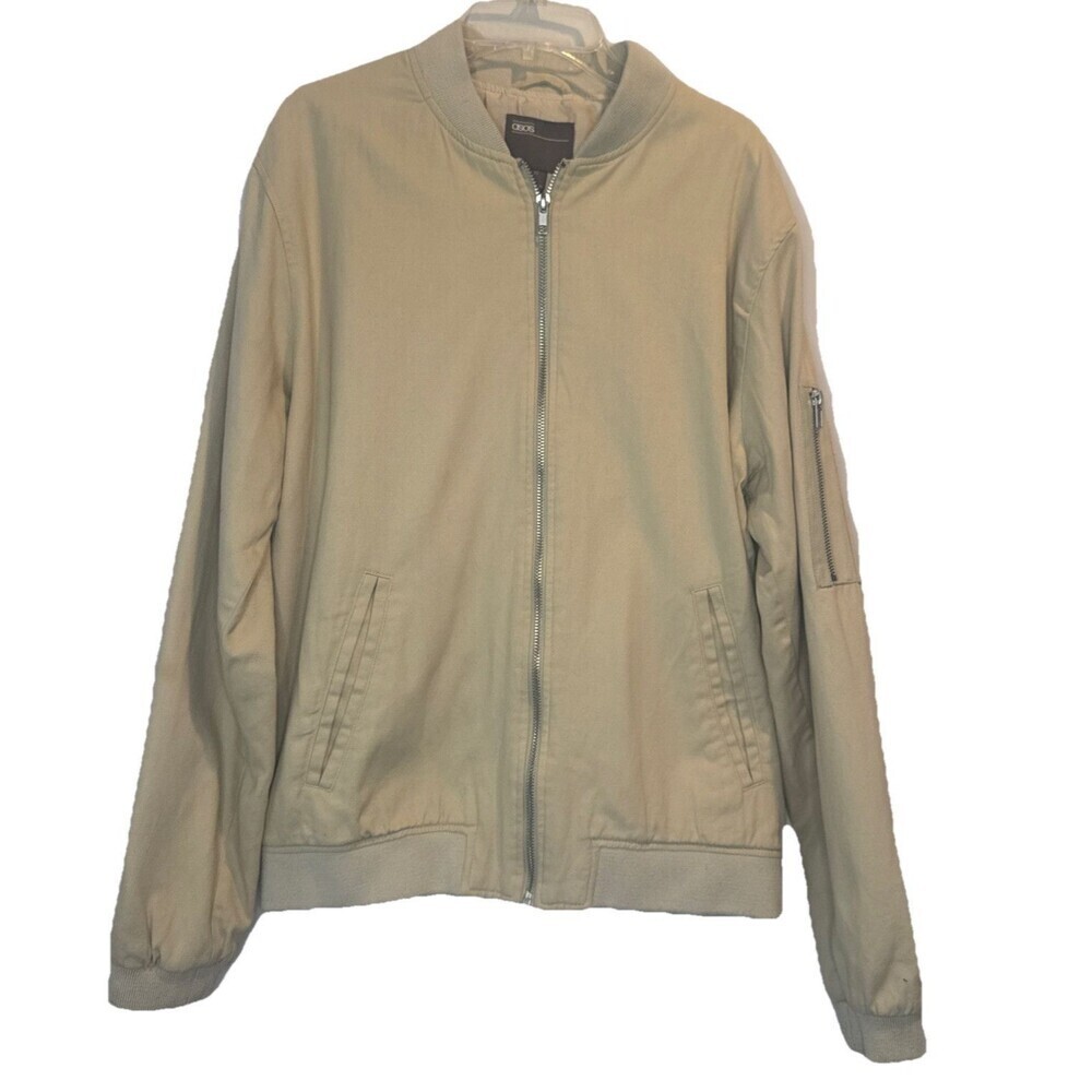 ASOS Men's TAN‎ Beige Full Zip Oversized Flight Bomber Jacket Pockets Sz M